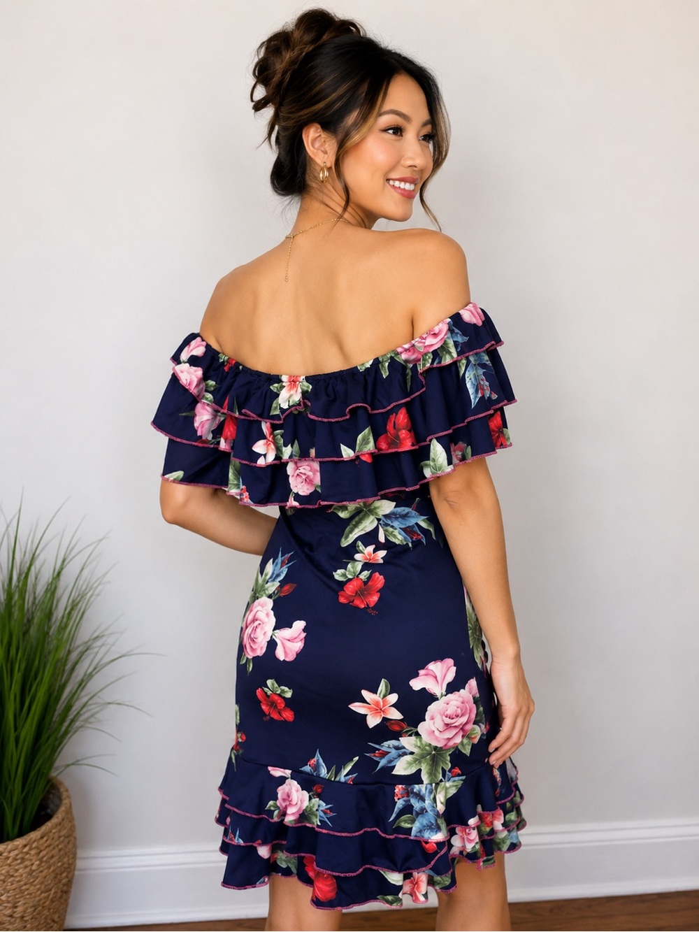 Off-Shoulder Floral Ruffle Mini Dress - Navy - Picture 2 of 4